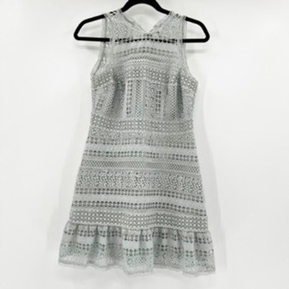 Foxiedox Light Blue Geometric Lace Sleeveless Ruffle Hem Dress MP‎
